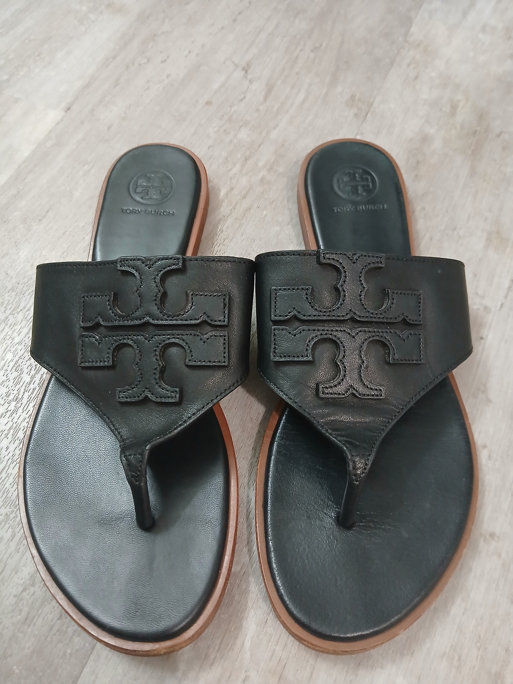 Tory Burch Black Leather Logo Thong Sandals Jamie Weston